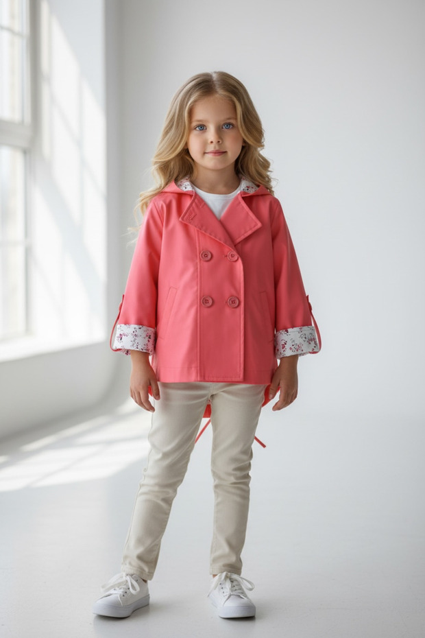 Girl's Coral Pink Buttoned Patterned Terikoton Lined Windproof Trench Coat