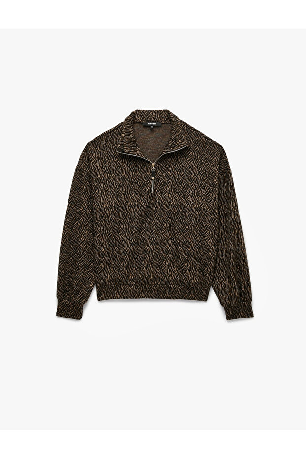 Patterned Long Sleeve Zippered Collar Sweatshirt
