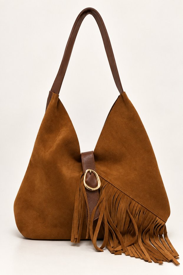 Women's Genuine Suede Leather Large Size Shoulder Bag with Tassel Detail, Large Volume Stylish Bag Elt1009