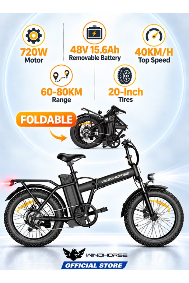 W4A Electric Folding Bike 720W Motor, 48V 15.6Ah Removable Battery, 40KM/H Top Speed, 60-80KM Range, 20-Inch Tires, Dual Suspension, Shimano 7-Speed Gear, Carbon Alloy Frame