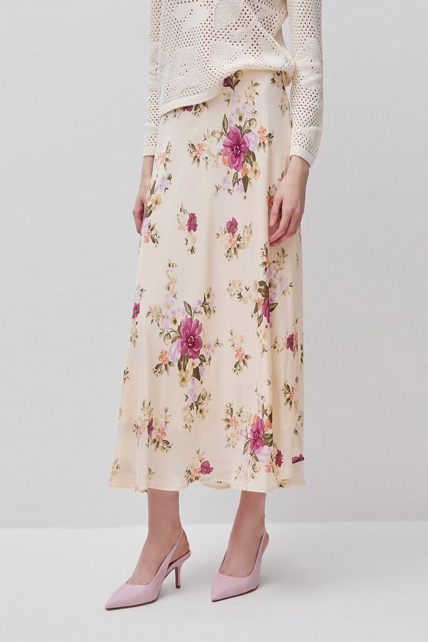 Women's Cream 100% Viscose Elastic Waist Floral Printed Midi Skirt