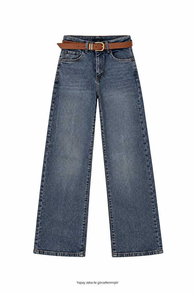 Straight Leg Tan Belted Jean Blue