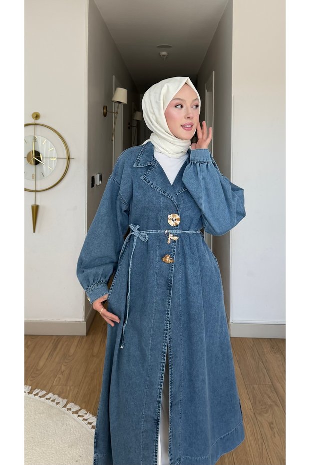 Women's Gold Button Detail Belted Pocketed Long Denim Trench Coat