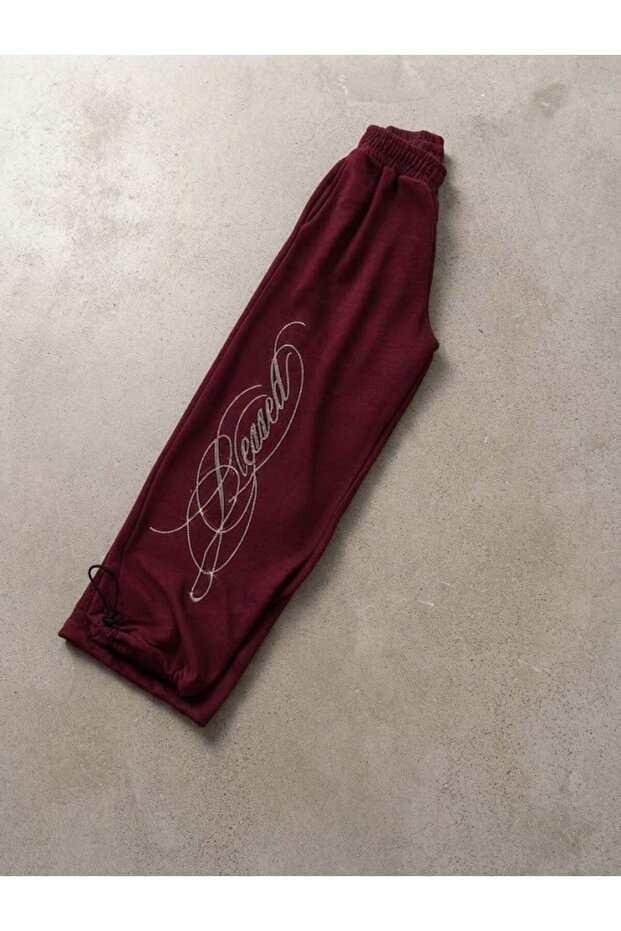 Burgundy 3 Thread Blessed Script Stone Detailed Sweatpants