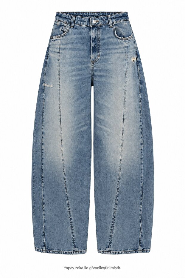 Stitched Lightweight Balloon Cut Jean Blue