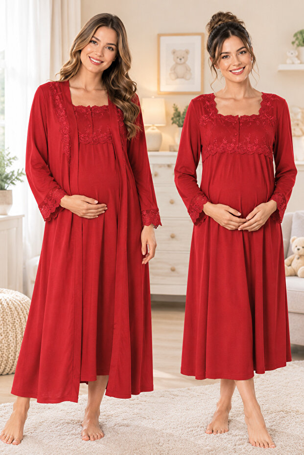 Maternity Nightgown Set with Nursing Features and Robe
