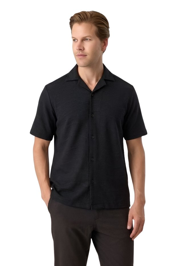 Relaxed Fit Cuban Collar Knitted Men's Shirt B35S22005 Black