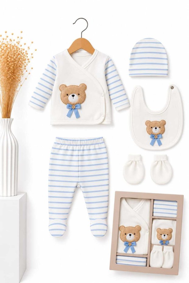 Baby Boy Hospital Release Set 100% Cotton Newborn 0-3 Months Set of 5 with Teddy Bear Striped Black Navy Blue Brown Colors