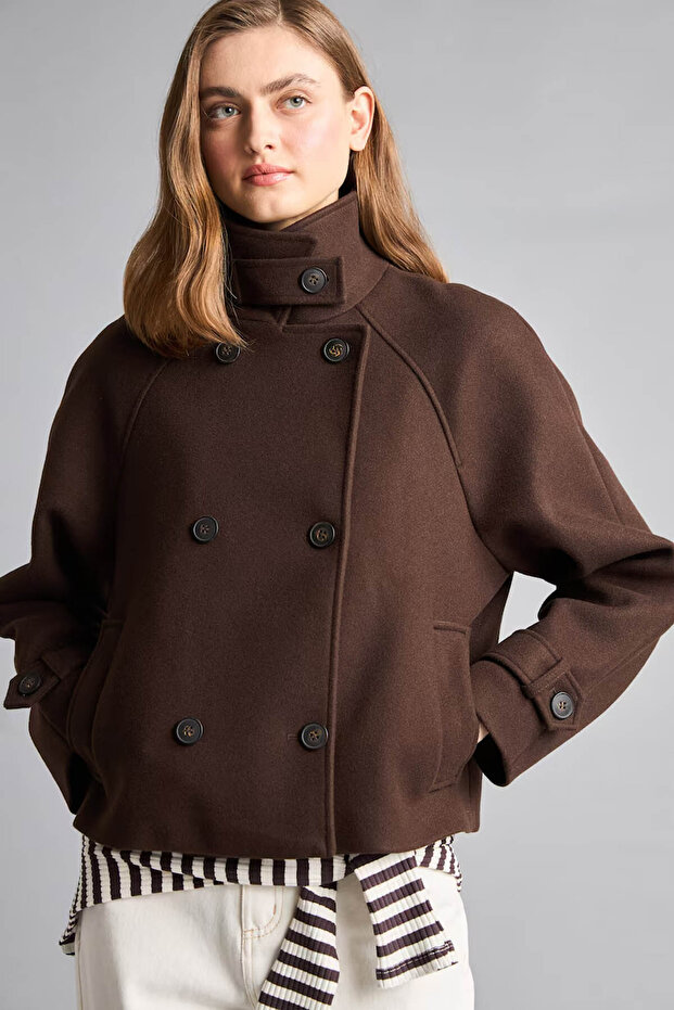 Buttoned Long Sleeve Double Breasted Brown Women's Coat H1536Ax/Bn601
