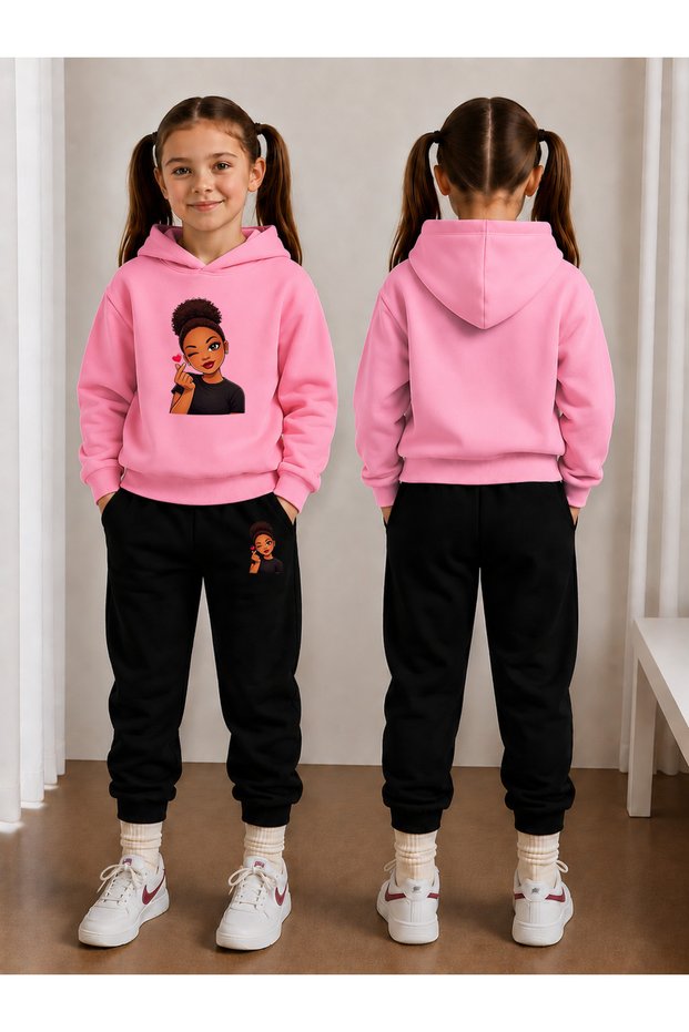 Girl's Tracksuit Set Hooded Sweatshirt Top and Bottom Set 3 Thread Threaded Winter Wear