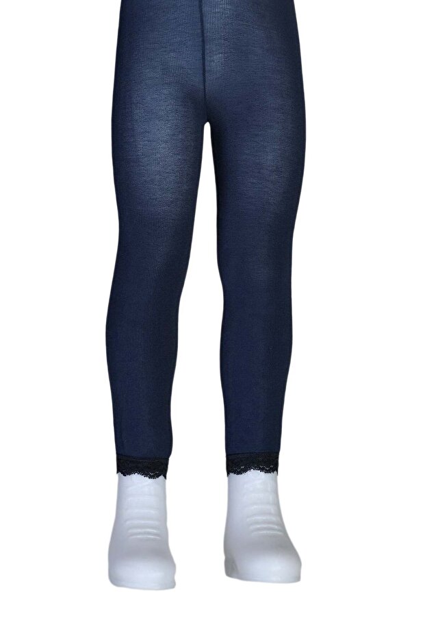 Girl's Cotton Leggings with Lace at the Ankle - Navy Blue