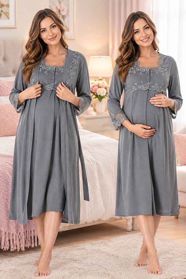 Cotton Maternity Nightgown Set with Nursing Features and Dressing Gown