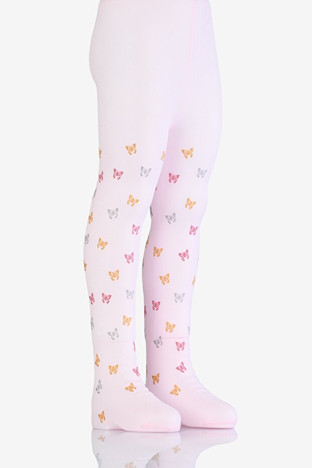 Girl's Azra Patterned Glitter Printed Micro 50 Pantyhose - Pink