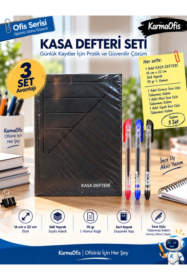 Cash Book Set 16X22 cm 368 Sheets 70 Gr 1. Hamur – 3 Sets with Fine Tip 3-Color Ballpoint Pens