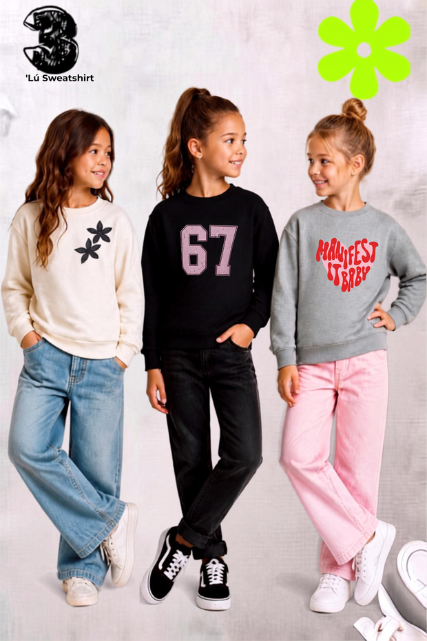 Mixed Printed Girls' Cotton 3-Piece Setsweatshirt