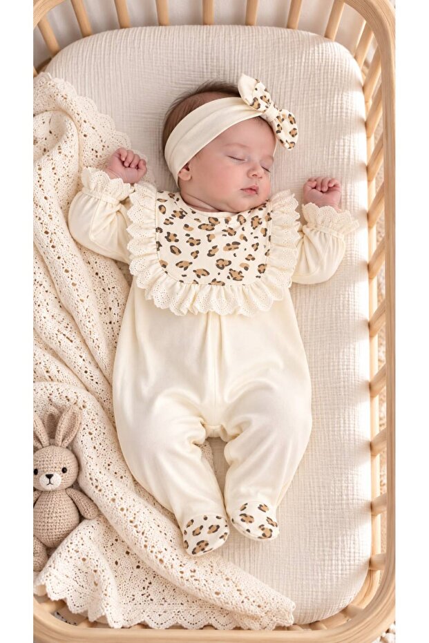 Leopard Patterned Jacquard 2-Piece Baby Girl Romper Set – with Lace Detail and Headband 0-3 / 3-6 Months