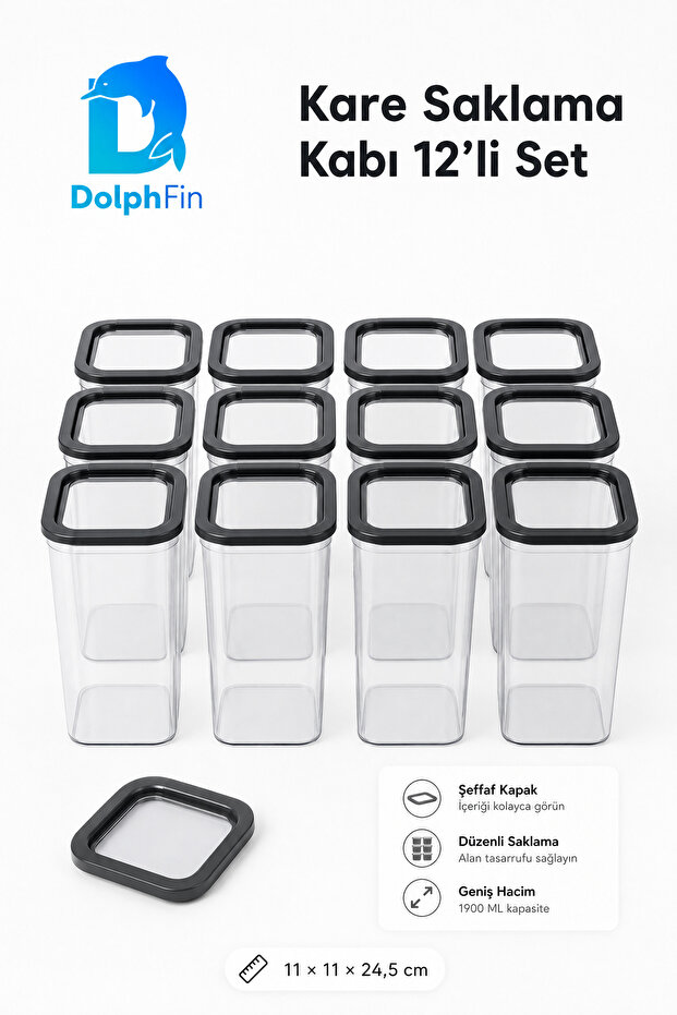 Square Storage Container Set of 12 Black 1900 ml 11 × 11 × 24.5 cm