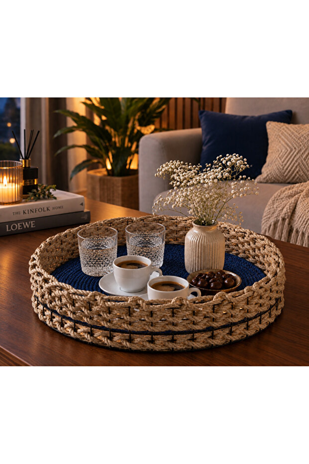 Wicker Weave Dark Blue Supla Base Bohemian Style Decorative Tray 30-32 cm