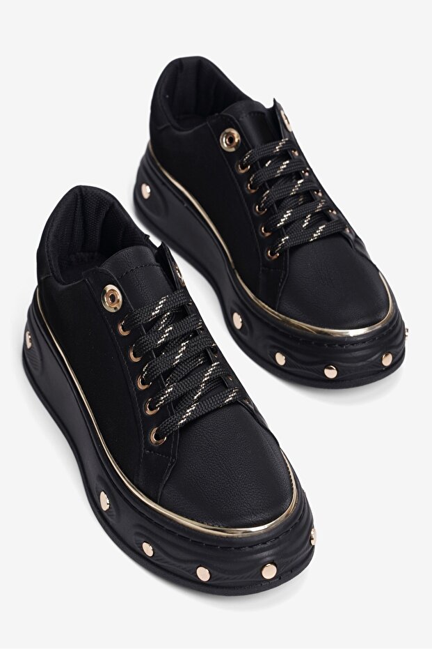 Women's Nubuck Sneaker Thick Sole Lace-Up Gold Detailed Vika Black