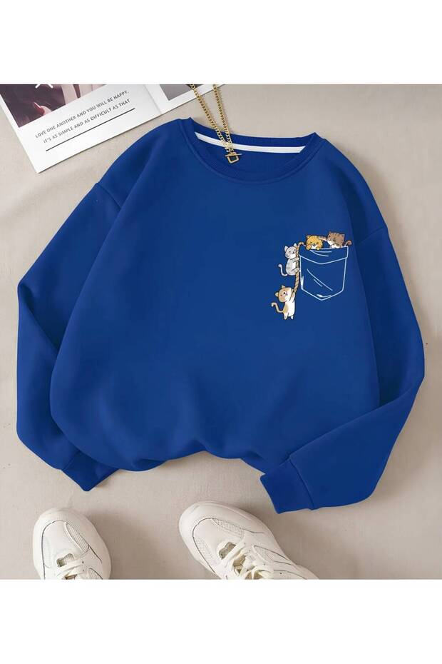 New Season Round Necklace Small Pocket Cats Printed 2 Yarn Fiber Printed Girls' Anthracite Sweatshirt