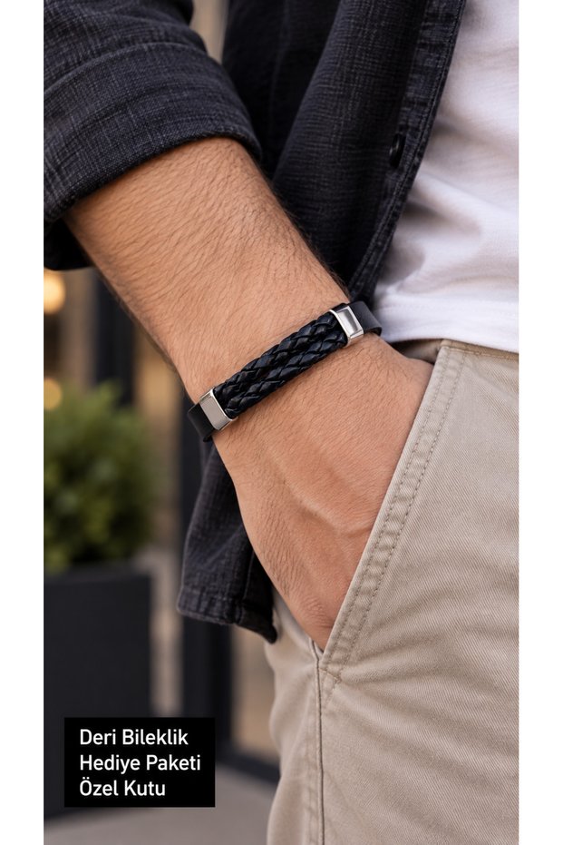 Tordeno Blackridge Black Leather Men's Bracelet - Plain Band and Braided Detail