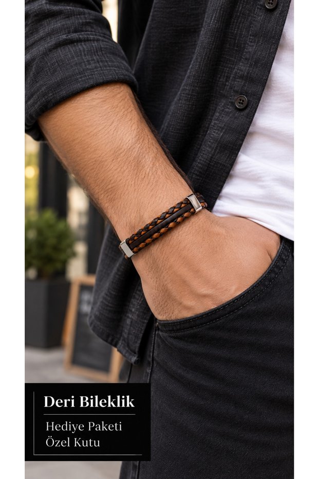 Carvesso Emberloop Brown Leather Men's Bracelet - Orange Double Braided Layer