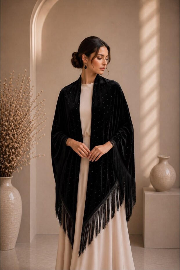 Black Velvet Stone Detailed Lace Embroidered Tasseled Triangle Shawl
