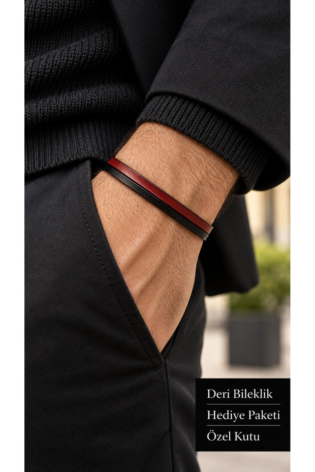 Sarvello Duotone Black Red Leather Men's Bracelet - Thin Double Stripe Design