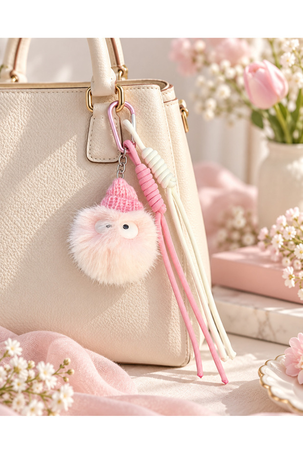 Puffy Powder Pink Beret Pompom Bag Charm
