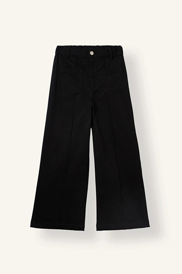 I3627A8Bk81 Black Wide Leg Gabardine Trousers with Front Pockets for Girls