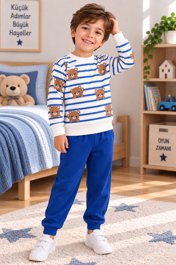 Boy's Teddy Bear Patterned Striped Sweatshirt Tracksuit Set Blue