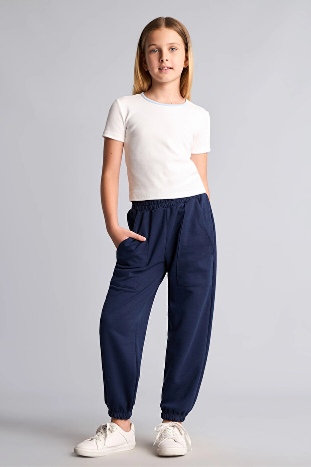 I2268A8Nv244 Navy Blue Patch Pocket Elastic Jogger Fit Sweatpants for Girls