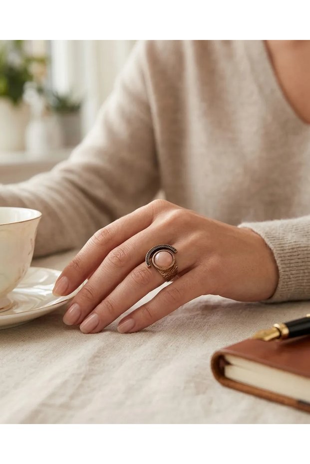 Bronze Women's Ring Authentic Copper Jewelry Pink Cat's Eye Stone Moon and Sun Front Adjustable Vintage
