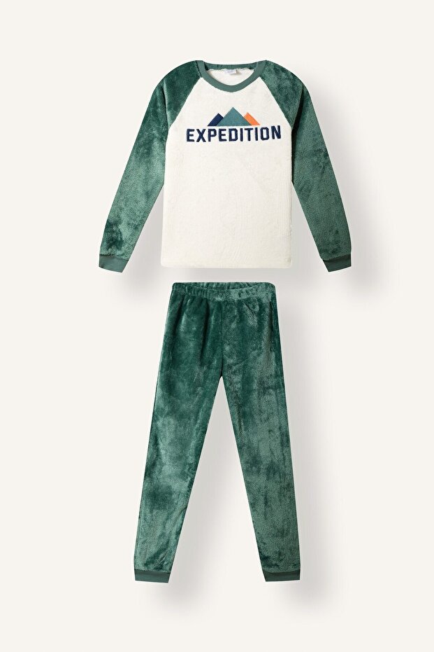 Printed Raglan Sleeve Top Elastic Leg Plush 2-Piece Pajama Set for Boys I3392A826Cw