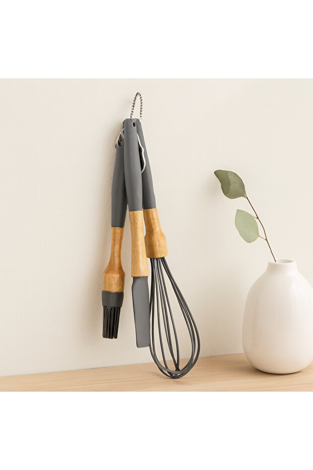 3-Piece Silicone Kitchen Set (Whisk, Brush, Spatula) - Bamboo Handle