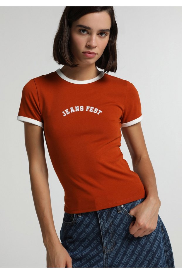 Slim Fit Round Neck Printed Women's Brown Short Sleeve T-Shirt