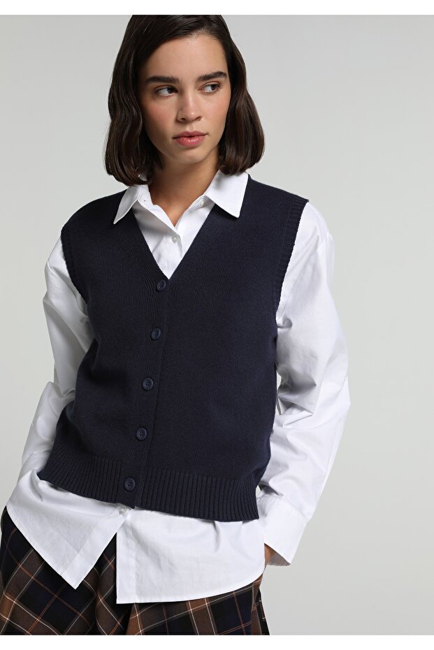 Regular Fit V-Neck Plain Women's Navy Blue Cardigan