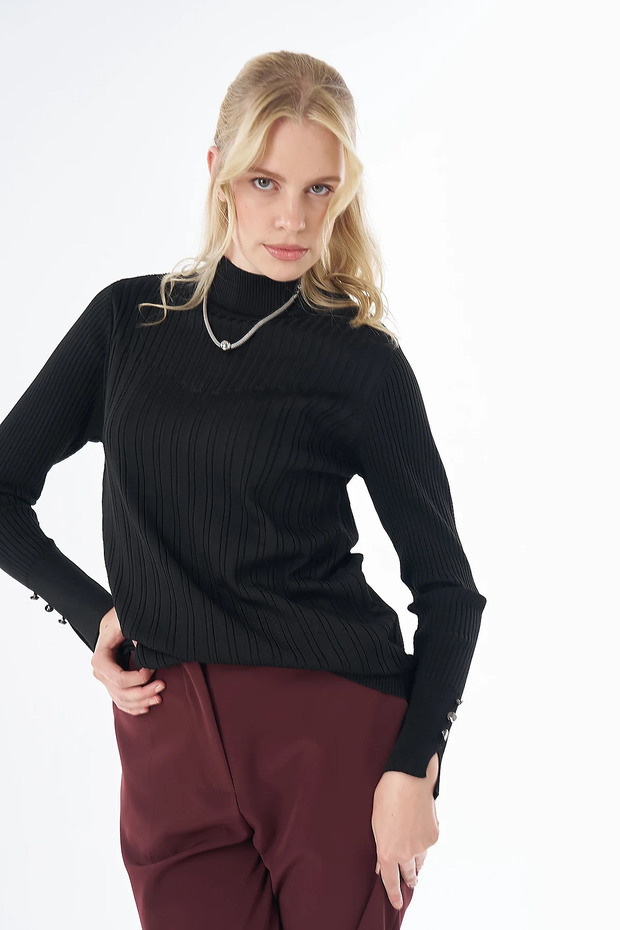 Half Turtleneck Ribbed Knit Sweater Black