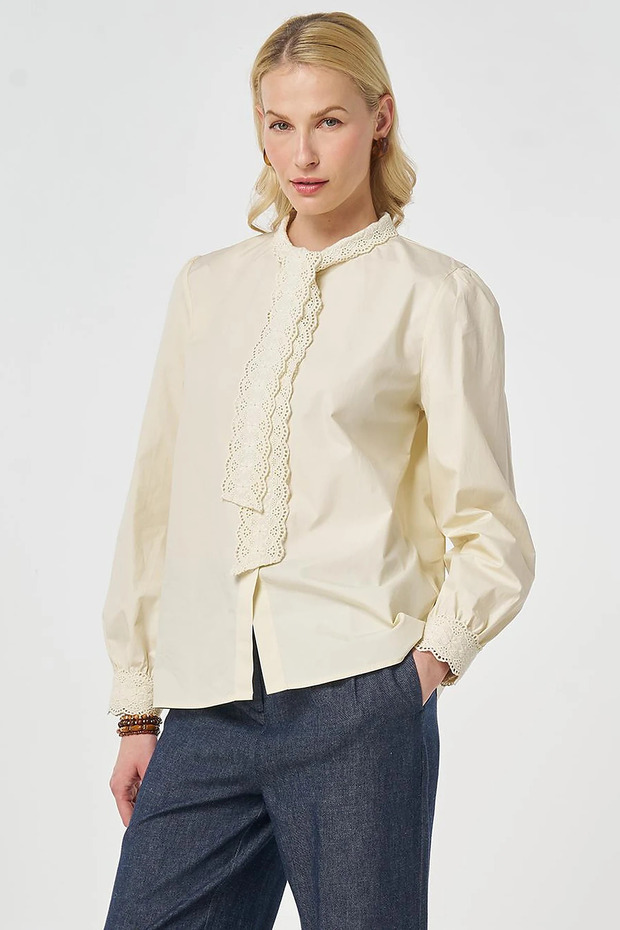 100% Cotton Lace Garnished Blouse Ecru