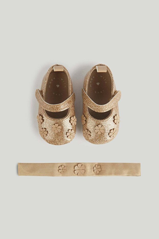 Gold Pram Shoes and Headband Set