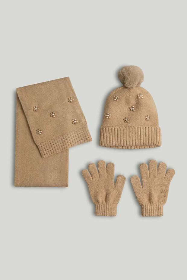Tan Knitted Hat, Scarf and Gloves Set