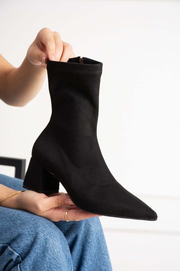 Bega Women's Black Stretch Suede Pointed Toe Zippered 6 cm Thick Heeled Boots Bootie