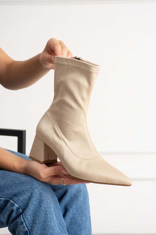 Bega Women's Beige Stretch Suede Pointed Toe Zippered 6 cm Thick Heeled Boots Bootie