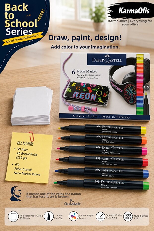 Faber-Castell 6-Pack Neon Marker Pen + 50 Pieces of 230 Gr Bristol Paper A6 Optional Set