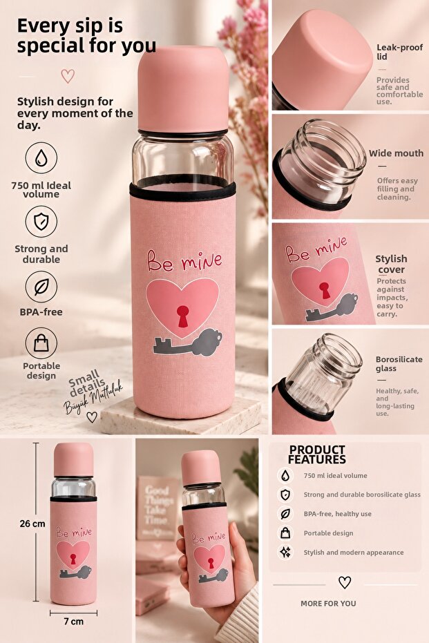 Glass Water Bottle with Self-Contained Case 750 ml