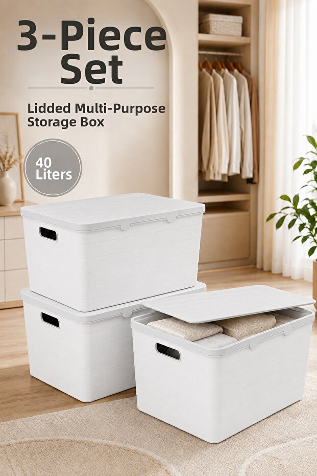 3-Piece 40 L Storage Box with Lid Multi-Purpose Plastic Organizer Organizer Box