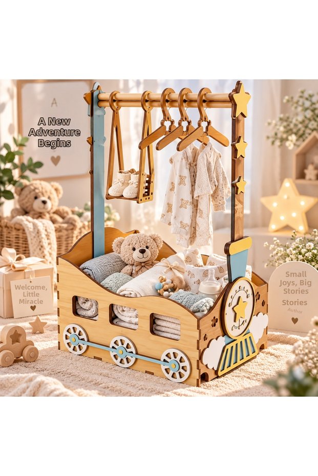 Newborn Baby Gift Box Wooden Hanging Gift Box Train Themed Baby Clothing Presentation Box Birth Gift