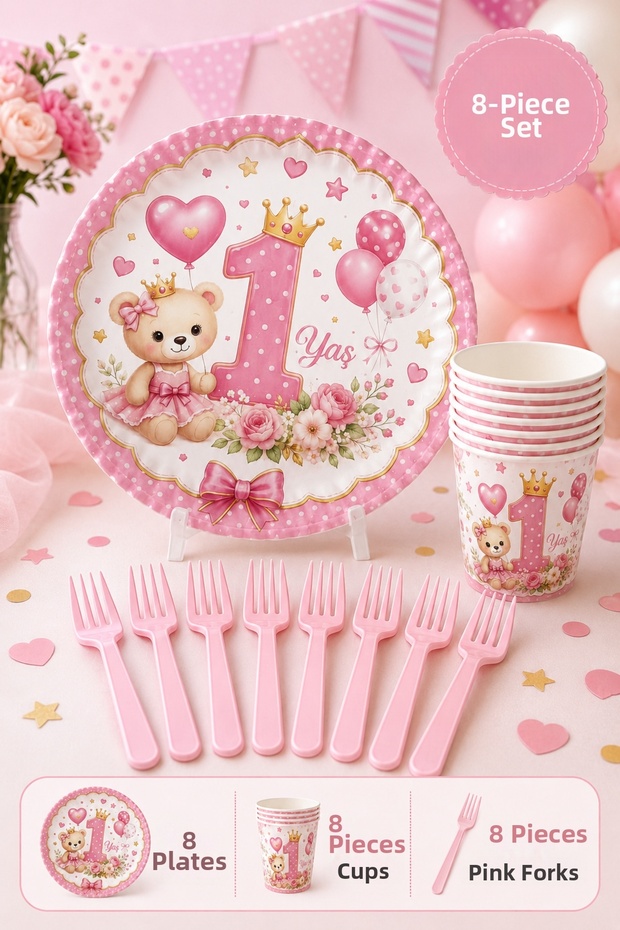 1 Year Old Baby Girl Teddy Bear Themed Birthday Set for 8 People, 24 Pieces, Cardboard Plates, Cups, Pink Forks