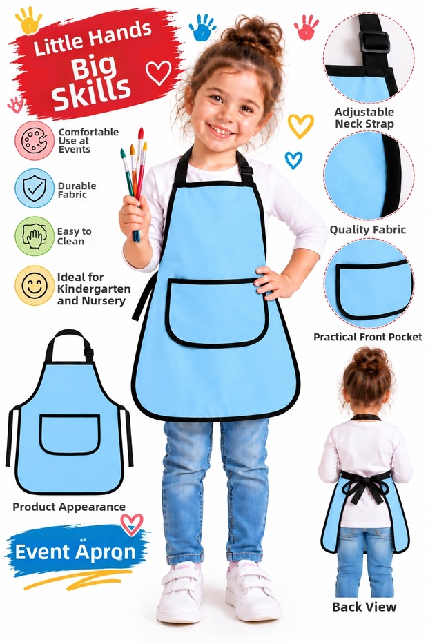 Blue Kids Apron with Pockets Painting Activity Apron Washable Nursery Kindergarten Kitchen Painting Apron Liquid Proof for 5-10 Age