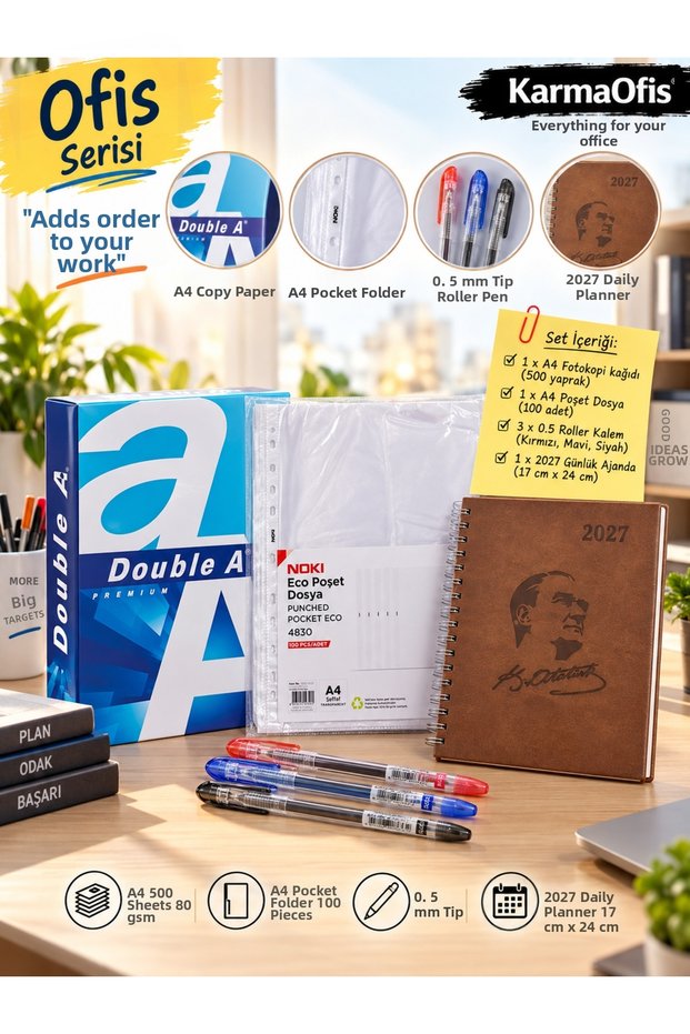 2027 Atatürk Ajandalı Office Set Brown – Double a A4 500 Sheets, 100-Pocket File Folder, 3 Colors 0.5 Roller Pens